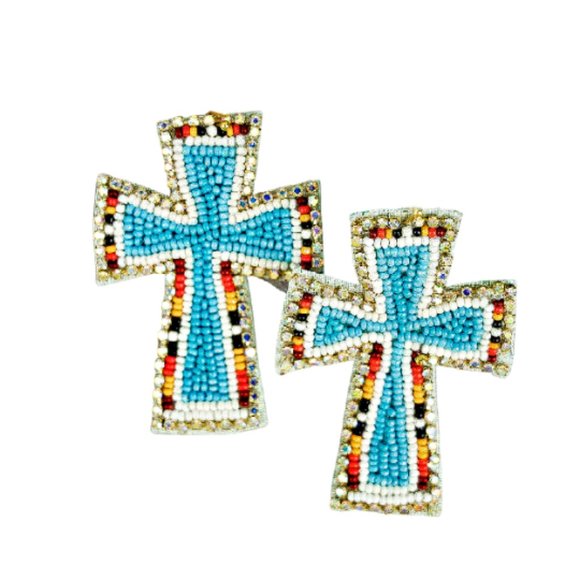 Turquoise Rhinestone Seed Beaded Cross Easter Religious Western Gift Earrings - Picture 3 of 3